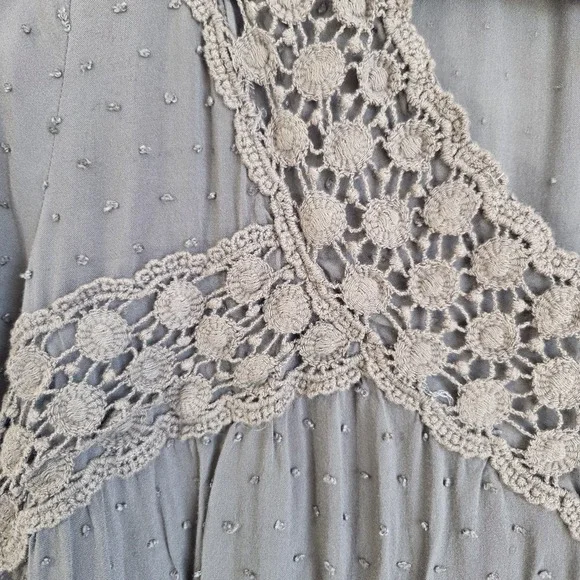 Womens L Peasant Babydoll Top Tunic Crochet Olive Green Cottage Boho Festival‎ - Picture 3 of 10